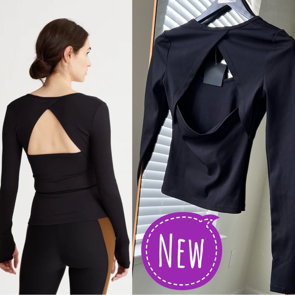 NWT🔖NYLORA Allen Top Black Long Sleeves Yoga Back Cut-out Tight Stretch